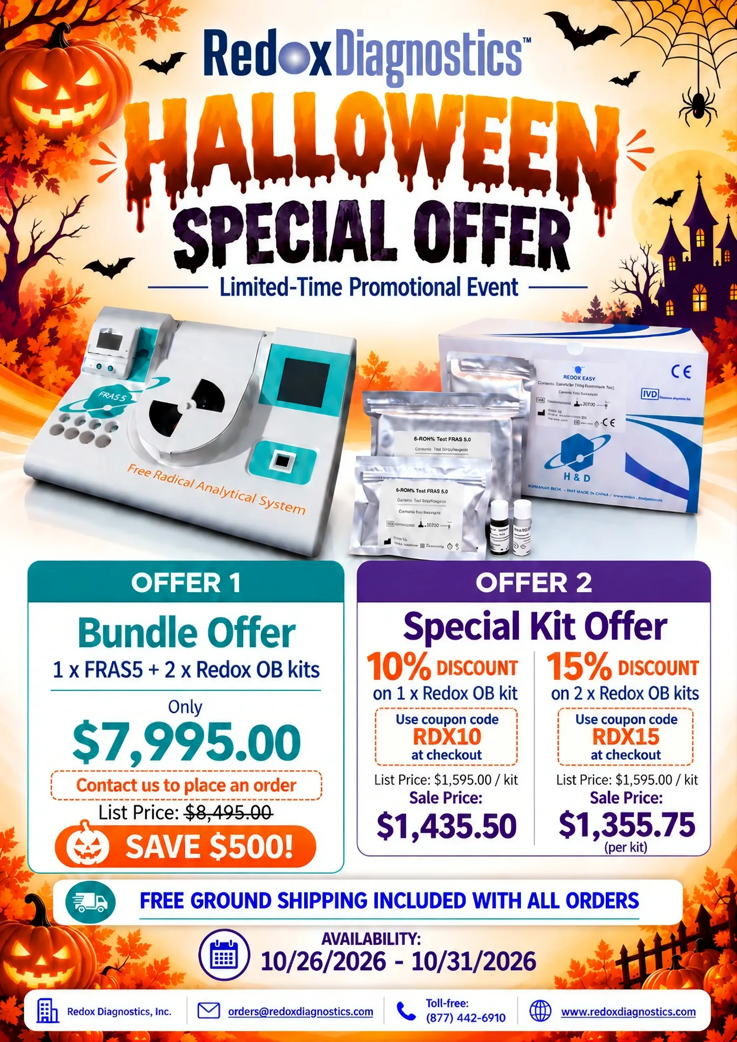 Redox Diagnostics Halloween Special Offer: FRAS5 bundle, Redox OB kit discounts and free shipping, October 26 through October 31, 2026