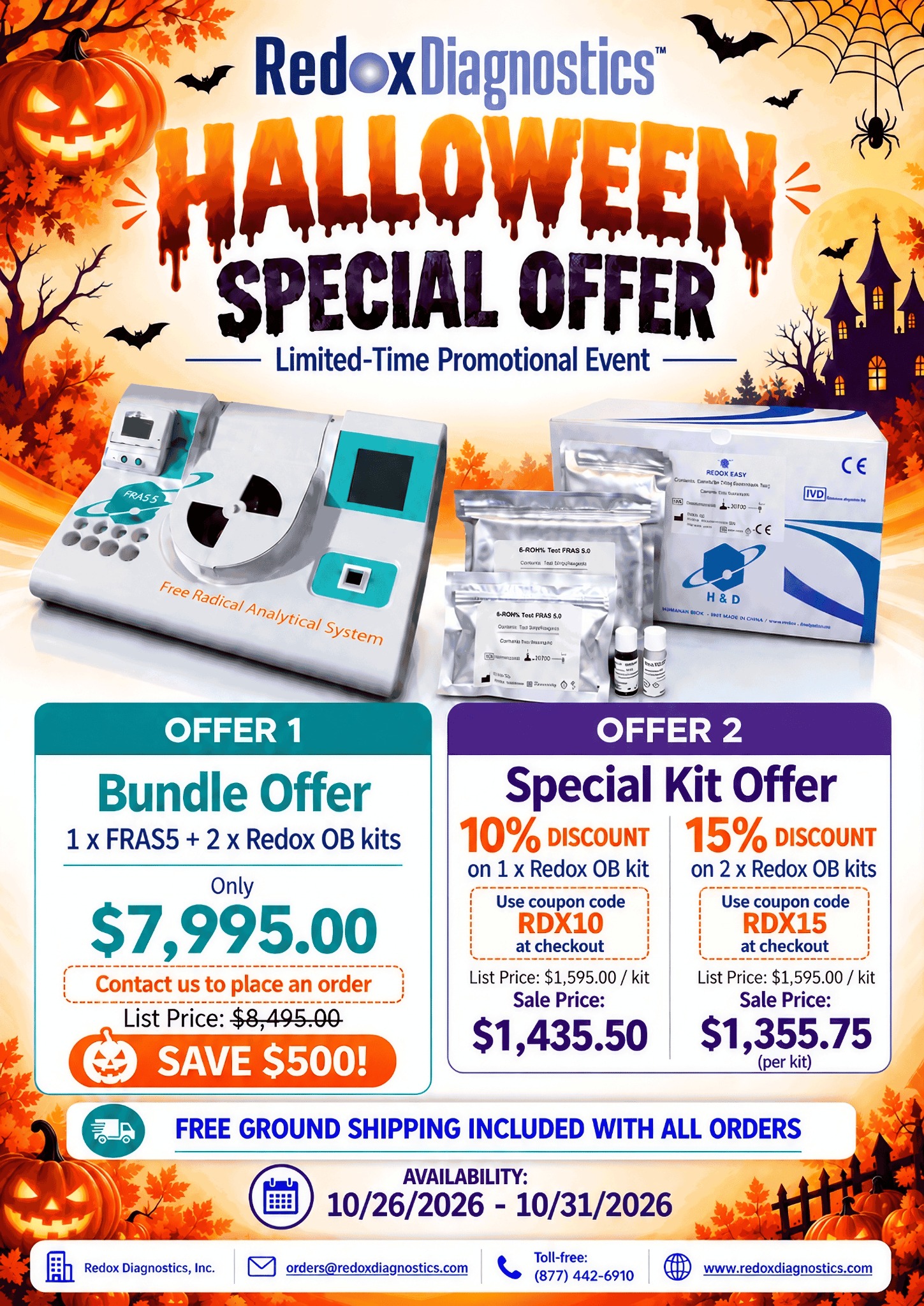 Redox Diagnostics Halloween Special Offer: FRAS5 bundle, Redox OB kit discounts and free shipping, October 26 through October 31, 2026